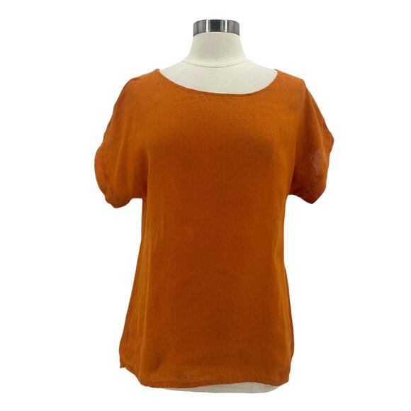 Terzo Millennio Tops - Terzo Millennio Womens Large Tunic Top Linen Orange Relaxed Fit Button Back